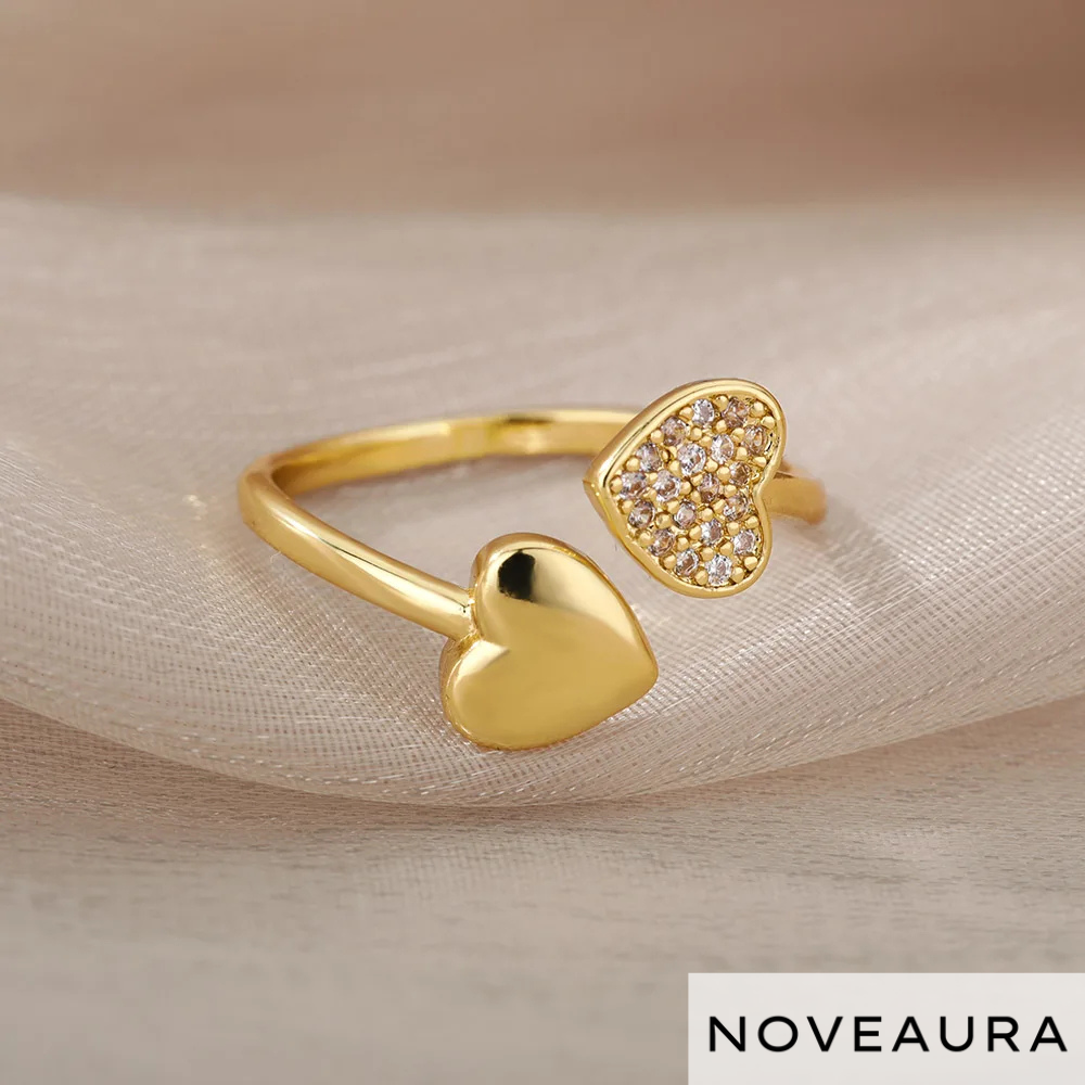 Zircon Adjustable Double Heart Ring - Stainless Steel