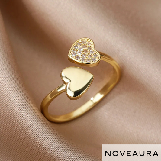 Zircon Adjustable Double Heart Ring - Stainless Steel