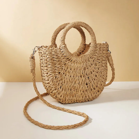 Half-Moon Straw Beach Handbag